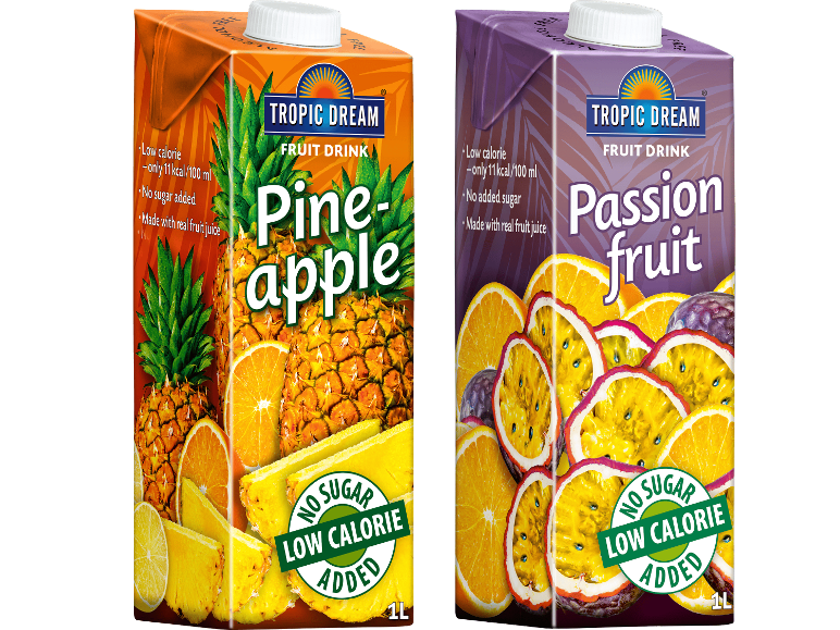 Två fruktdrycker: ananas och passionsfrukt, båda lågkalori och utan tillsatt socker.