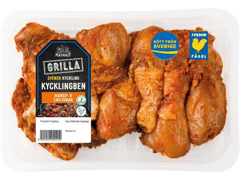 Marinerade kycklingben med mango- och chilismak, med svenska kvalitetsmärkningar.