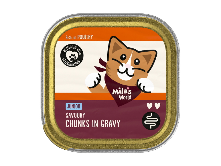 Kattmatsburk: Junior Savoury Chunks in Gravy, rik på fågel, utvecklad med veterinärer.