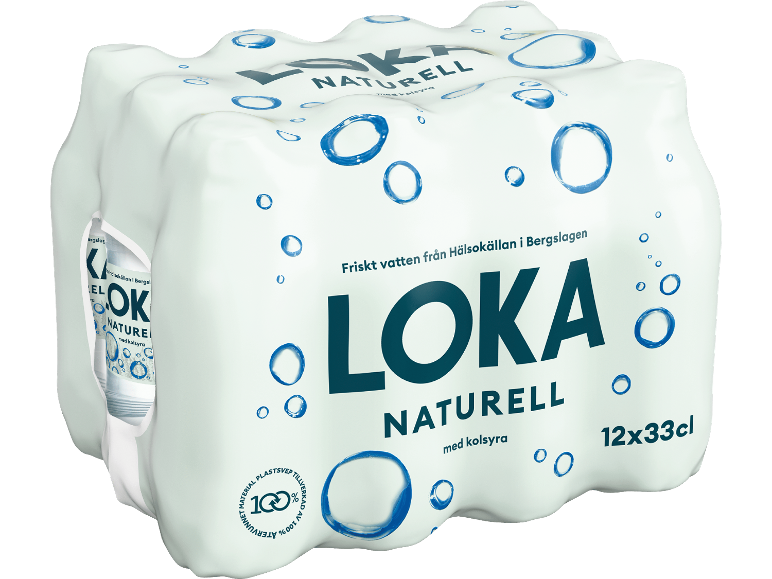 Ett 12-pack kolsyrat vatten i 33 cl flaskor, med texten 'Friskt vatten från Hälsokällan i Bergslagen'.