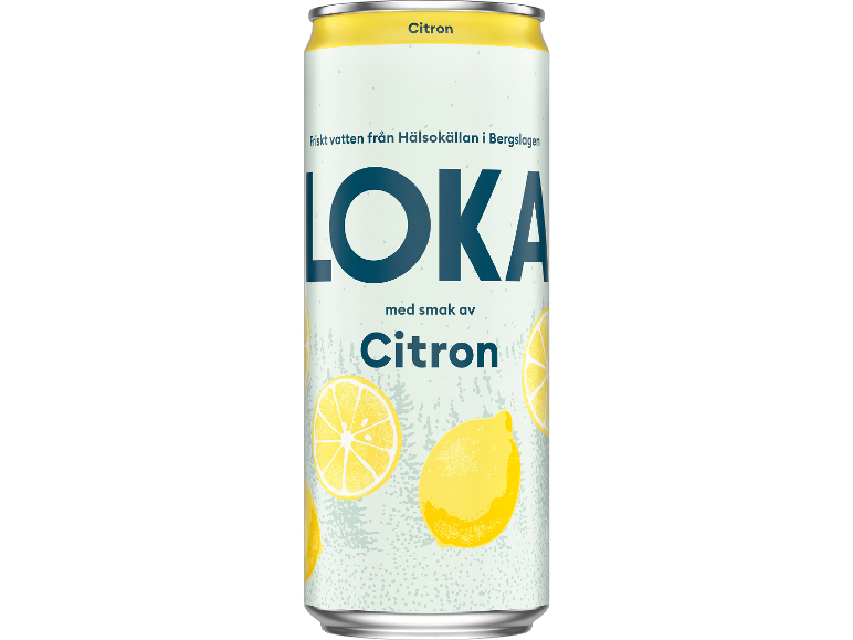 Burk med kolsyrat vatten med citronsmak och citronillustrationer.