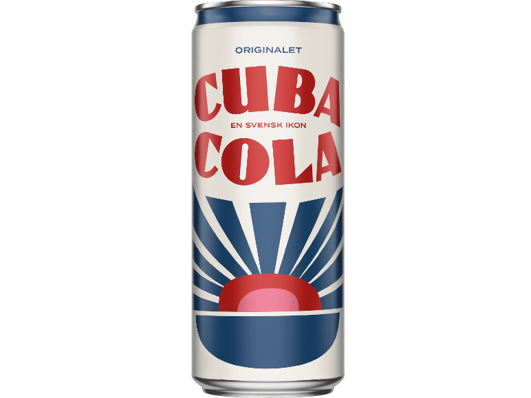 Vit läskburk med röd text 'CUBA COLA' och blå soluppgångsdesign.