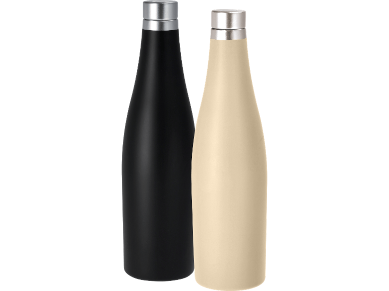 Två återanvändbara vattenflaskor, en svart och en beige, med silverkorkar.