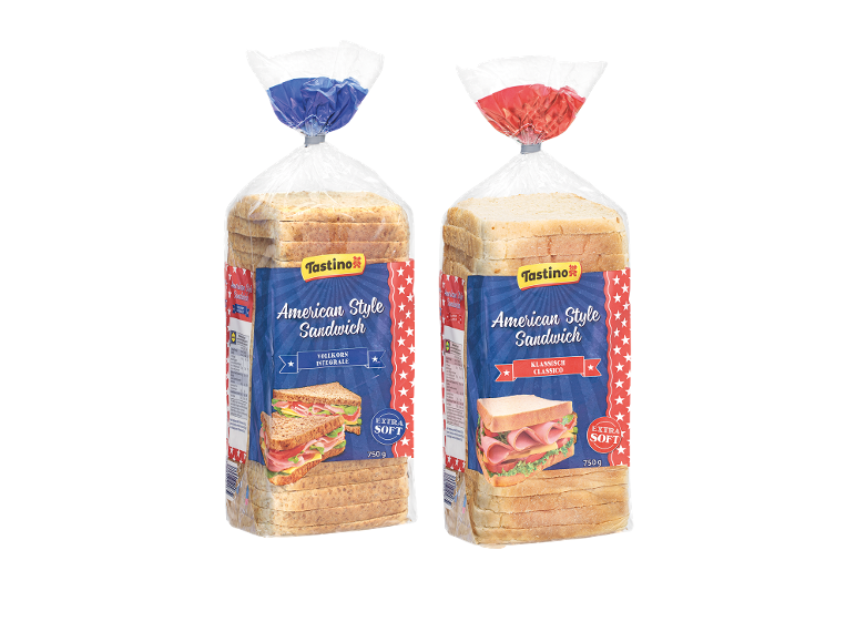 Amerikanskt smörgåsbröd: ett fullkorn och ett klassiskt, med 'extra mjukt' märkning.