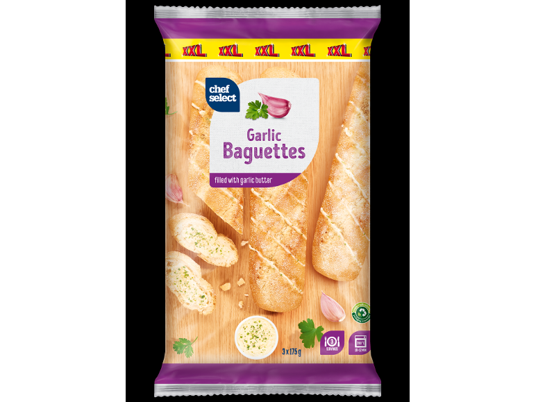 Vitlöksbaguetter fyllda med vitlökssmör, 3x175g, 3 portioner, 200°C, 10-12 min.