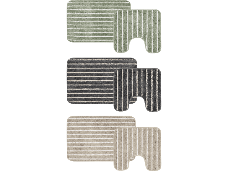 Randiga badrumsmattset i grönt, grått och beige
