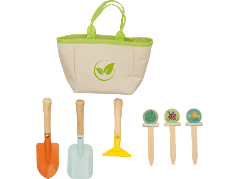 Trädgårdsset för barn med en tygväska, tre verktyg och tre växtmarkörer.