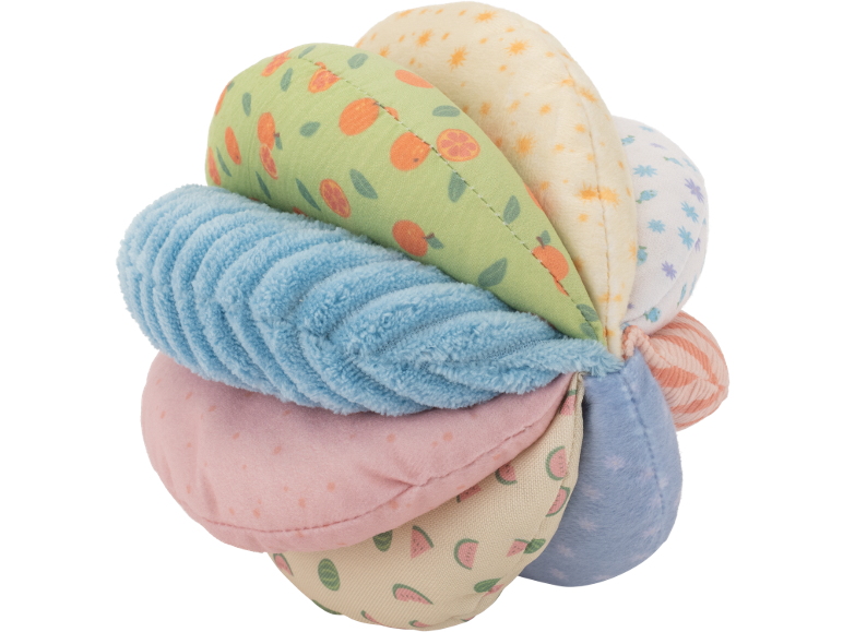 Mjuk, flerfärgad babyboll med olika mönster och texturer.