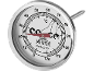 Kötttermometer med röd indikator som visar temperaturer från 0 till 120°C, med ikoner för olika köttslag.