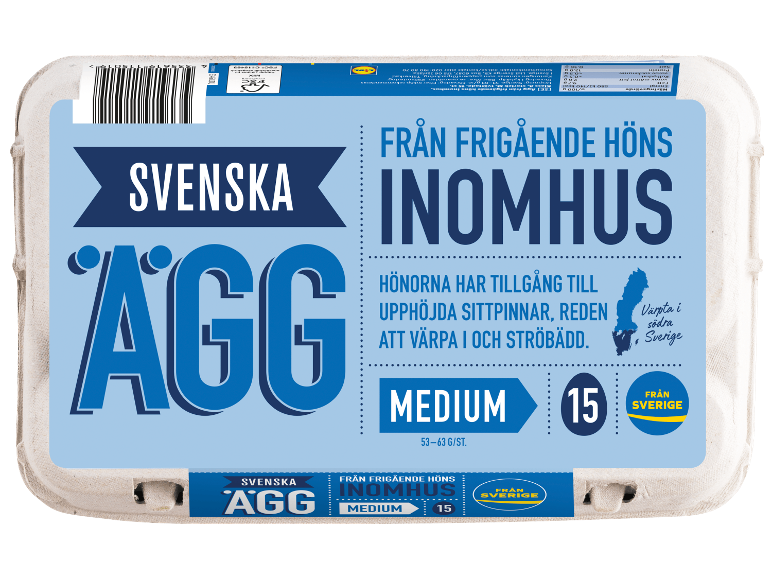 Förpackning med 15 medelstora ägg, med texterna 'Swedish Ägg' och 'Från frigående höns inomhus'.