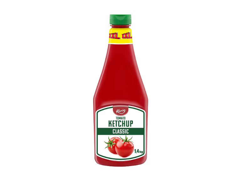Flaska klassisk tomatketchup på 1,4 kg med grön och röd etikett.