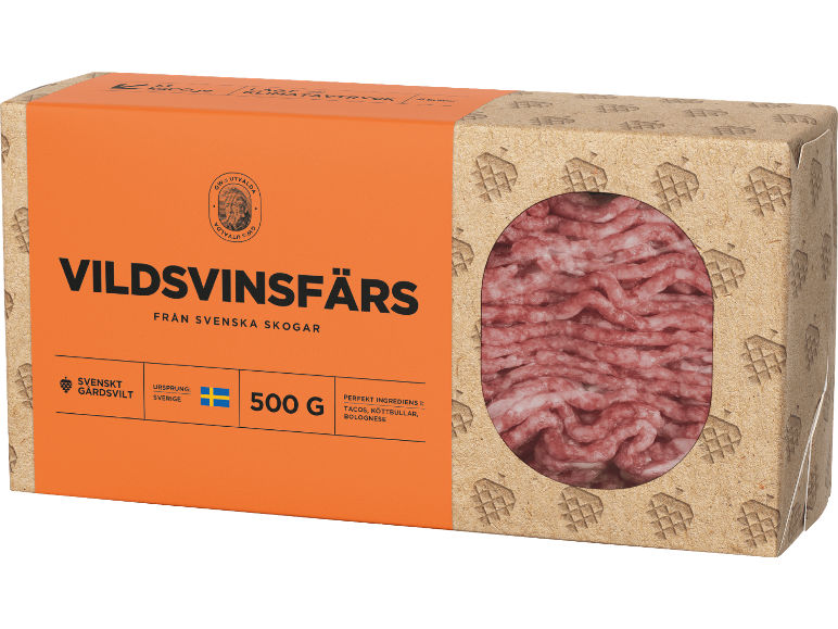 500g vildsvinsfärs från svenska skogar, perfekt för tacos, köttbullar, bolognese.