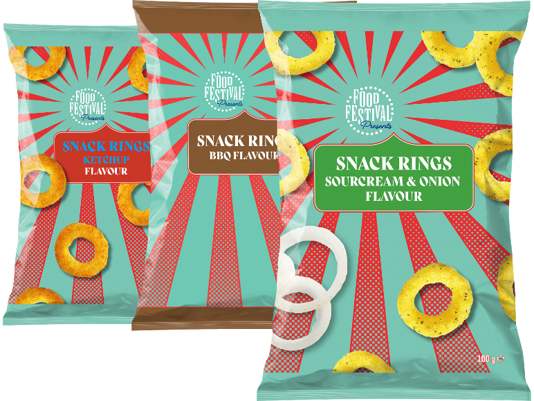Tre påsar snackringar med smak av ketchup, BBQ och gräddfil & lök.