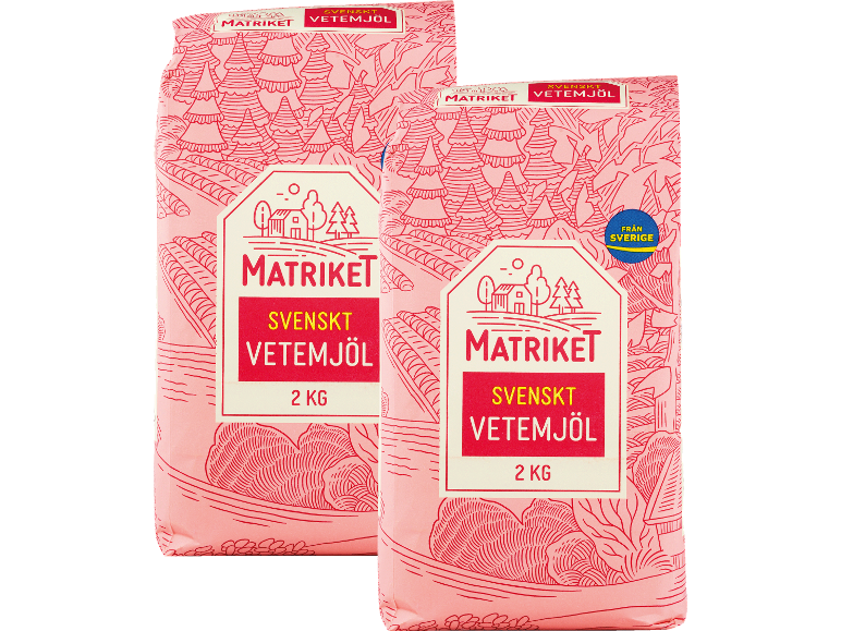 Två 2 kg förpackningar vetemjöl med en rosa och röd design av ett lantligt landskap.
