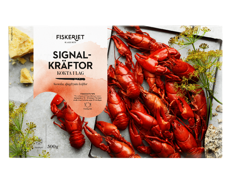 Förpackning kokta signalkräftor och dill, 500g.