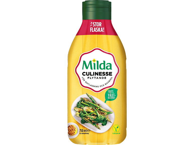 Gul flaska med växtbaserad matolja, med en bild av grillade grönsaker.