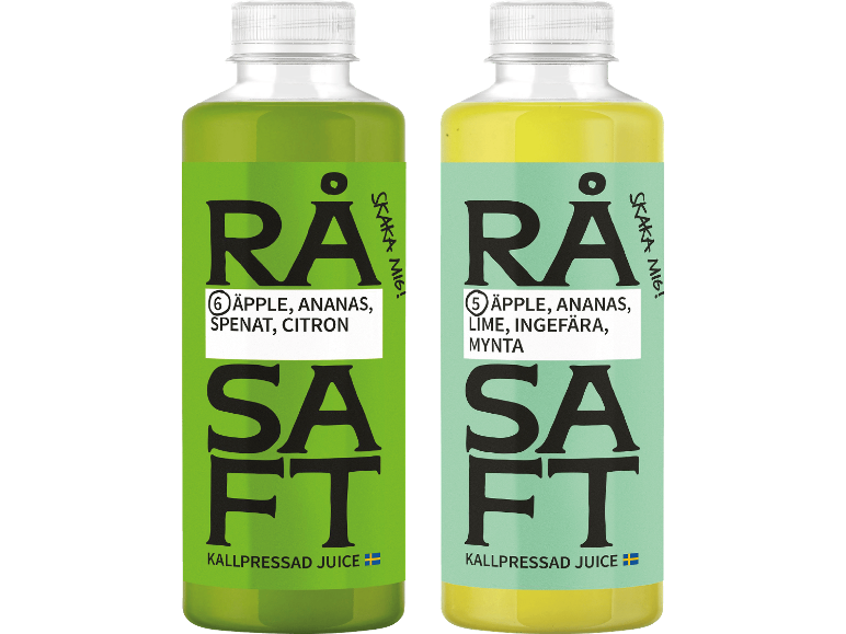 Två flaskor kallpressad juice med smak av äpple, ananas, spenat, citron, lime, ingefära och mynta.