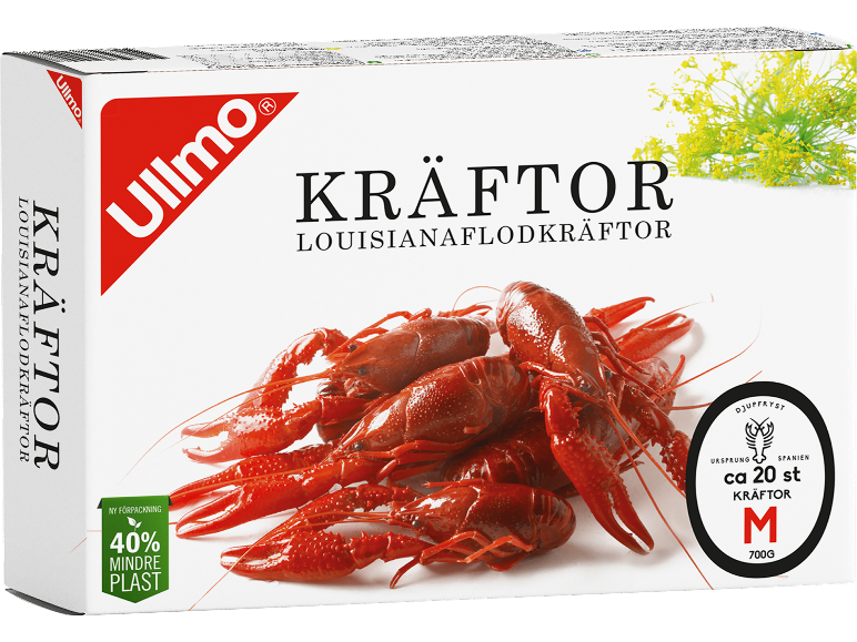 Förpackning med frysta kräftor med text och en bild av kräftor.