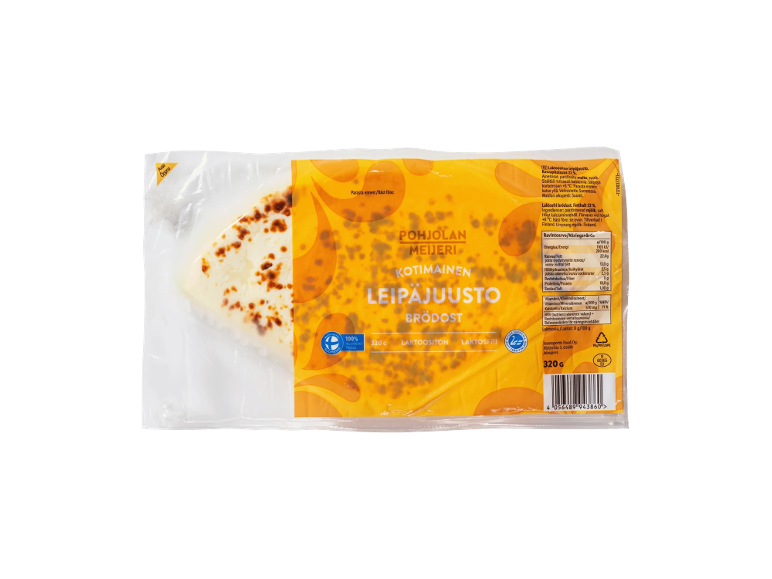 Pohjolan Meijeri Leipäjuusto, en finsk gnisselost, i klar förpackning.