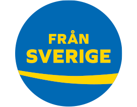 Blå och gul sigill med texten 'FRÅN SVERIGE' och en böjd rand.