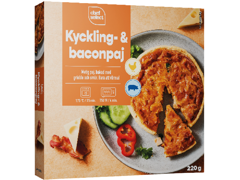 Kyckling- och baconpaj med grädde och smör, bara att värma.