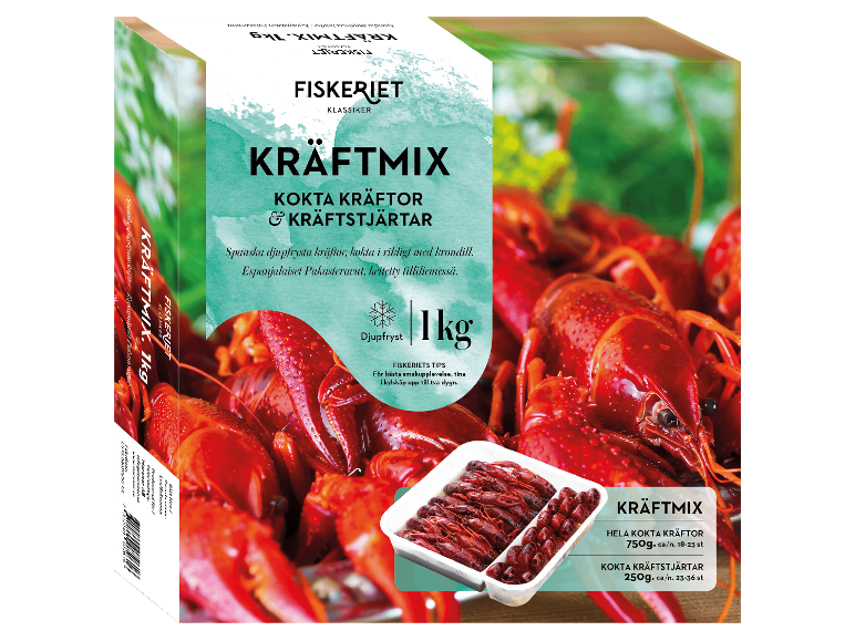 Låda med 1 kg frysta kräftor och kräftstjärtar, med serveringsbricka.