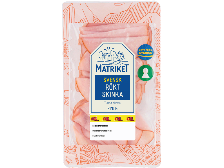 Förpackning tunnskivad svensk rökt skinka, 220g, med märkningen 'Kött från Sverige'.