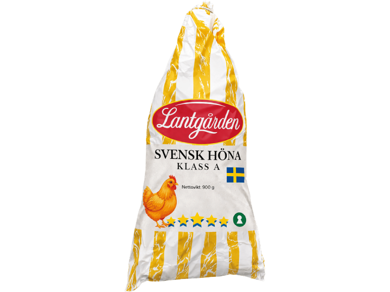 Förpackning svensk höna klass A, 900g, med svensk flagga och höna.