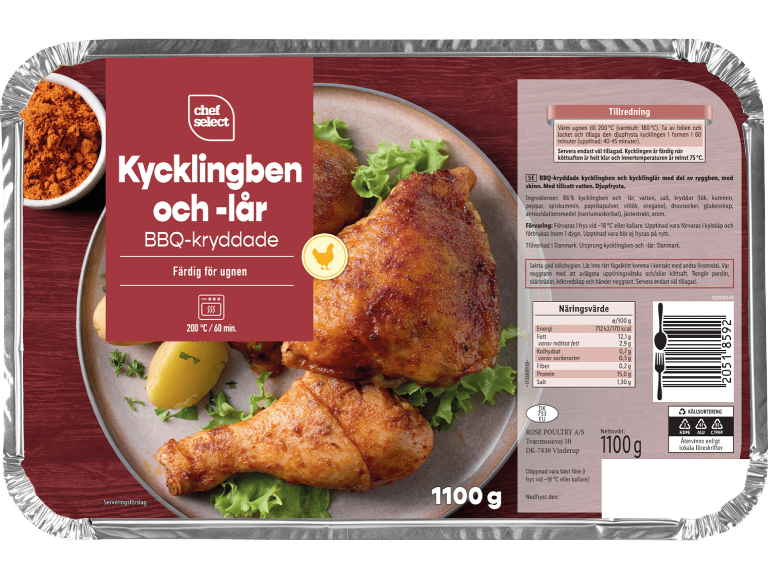 Frysta BBQ-kryddade kycklingben och -lår, färdiga för ugnen, med tillagningsinstruktioner och näringsvärde.