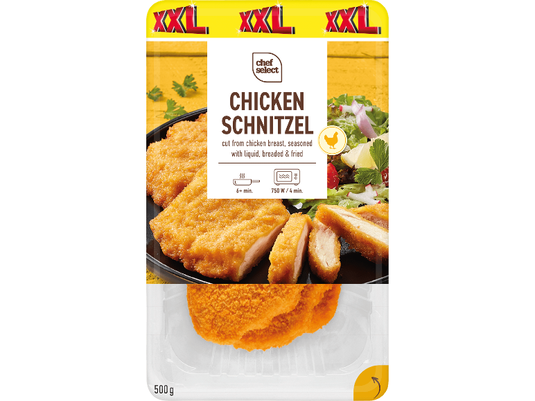 XXL Kycklingschnitzel, panerad och stekt, med tillagningsinstruktioner, 500g.