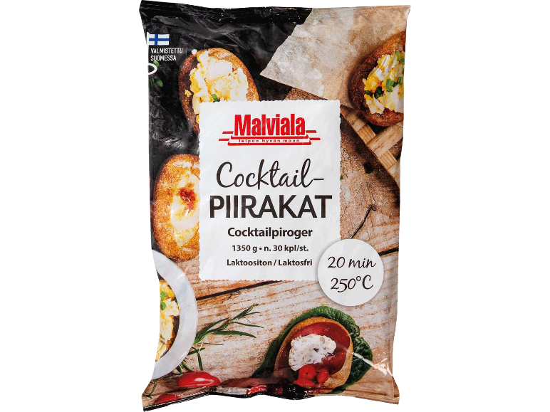 Förpackning med cocktailpiroger med tillagningsinstruktioner, laktosfri, tillverkad i Finland.