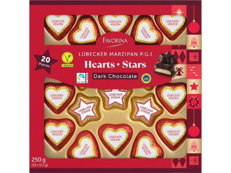 Favorina-ask med Lübecker marsipanhjärtan och -stjärnor i mörk choklad.