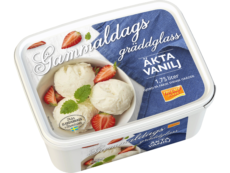 Vaniljglassförpackning med jordgubbar och mynta, med texten 'Gammaldags gräddglass, Äkta vanilj'.