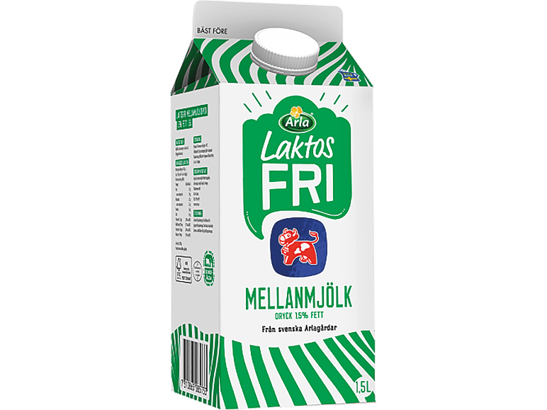 Mjölkpaket med laktosfri mjölk, 1,5% fett, med gröna och vita ränder.