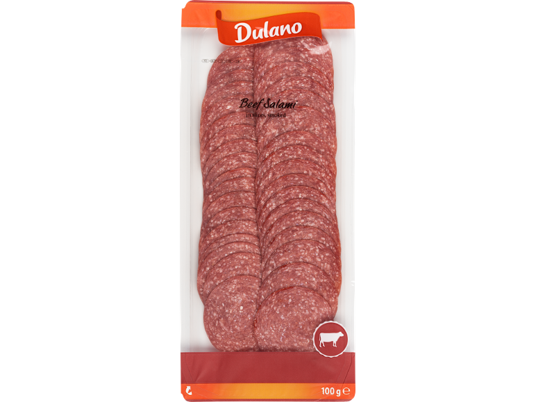 Skivad rökt nötsalami i förpackning, 100g.