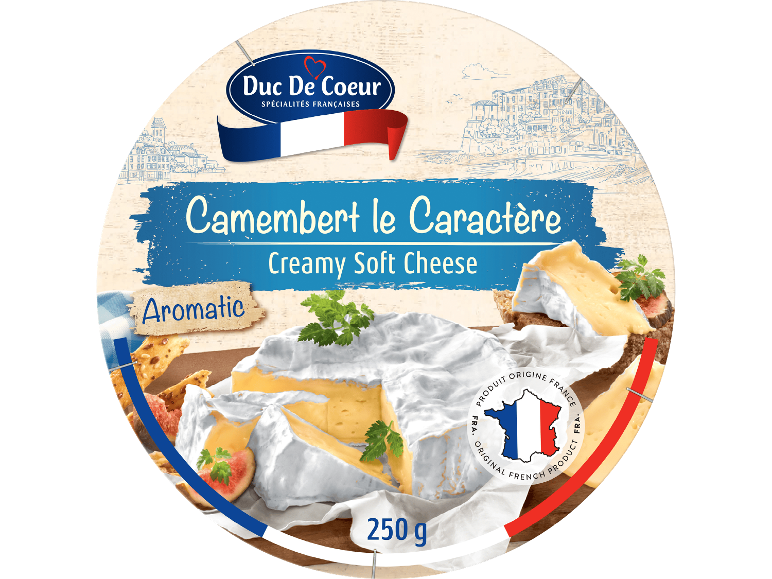 Camembertost med krämig mjuk konsistens, märkt 'Aromatisk' och 250g.