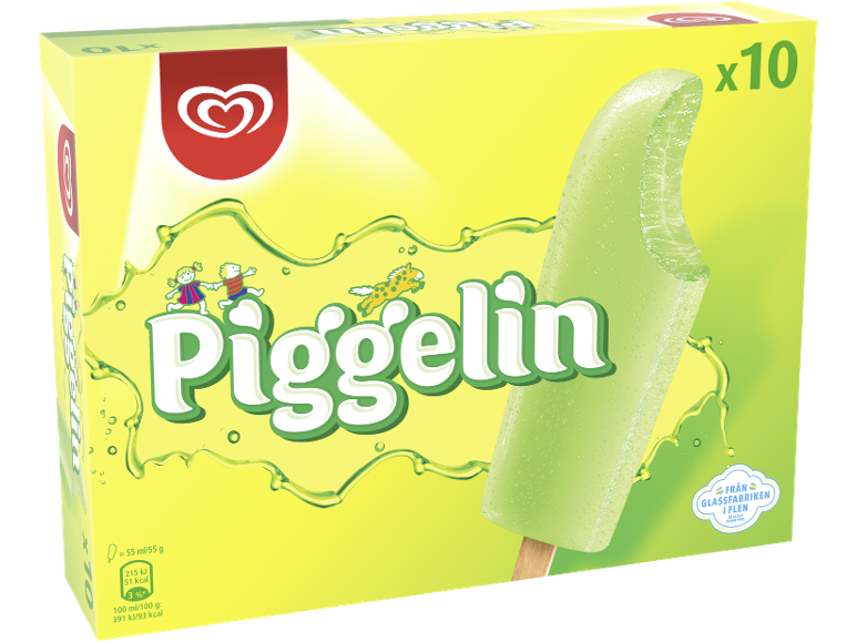 Gul låda med 10 gröna isglassar, med texten 'Piggelin' och näringsinformation.