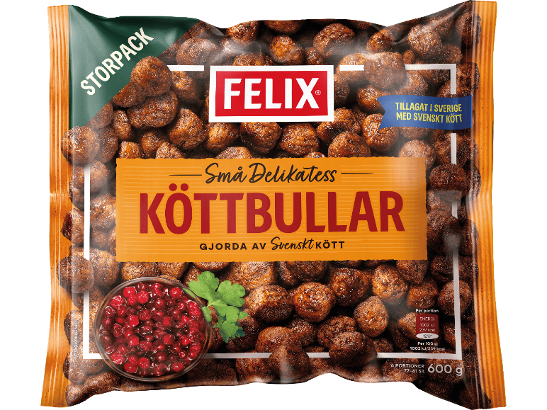 Förpackning med små delikatessköttbullar på 600 g med rårörda lingon i en skål.