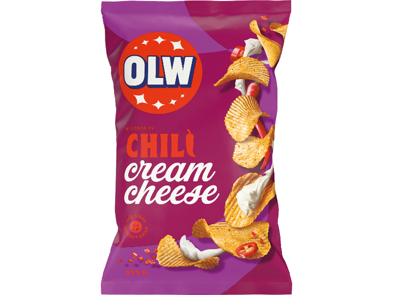 Påse chips med smak av chili och cream cheese, med synliga chips och ingredienser.