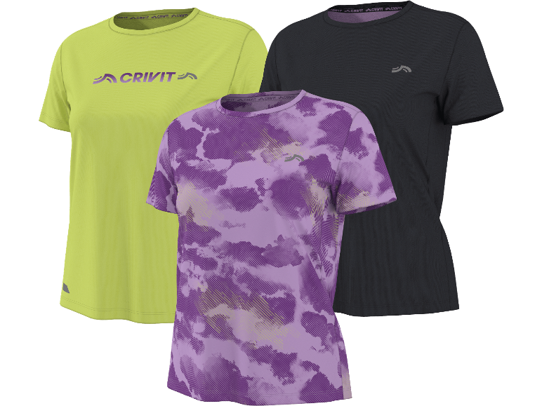 Tre sport-t-shirts för kvinnor: limegrön, lila mönstrad och mörkgrå.