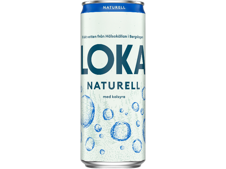 Vit burk kolsyrat vatten med blå text 'NATURELL' och bubblor.