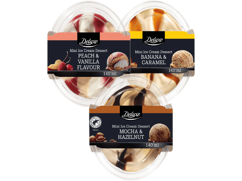 Tre Deluxe mini-glassdesserter i smakerna persika & vanilj, banan & karamell samt mocka & hasselnöt.