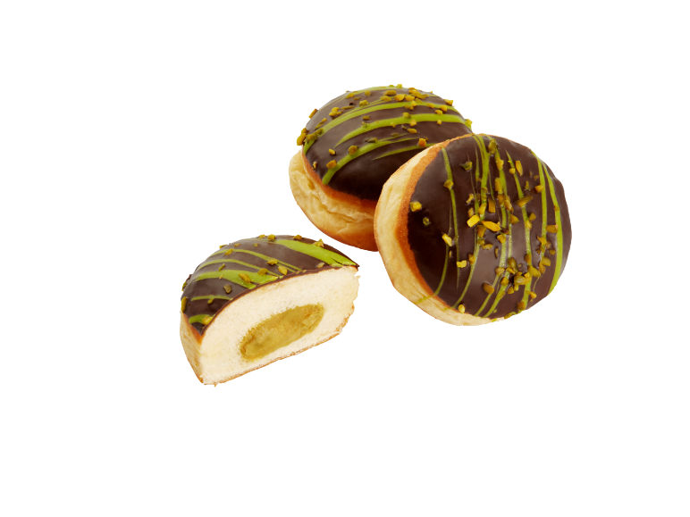 Munkar i Dubai-stil med chokladglasyr, pistageränder och krämig fyllning