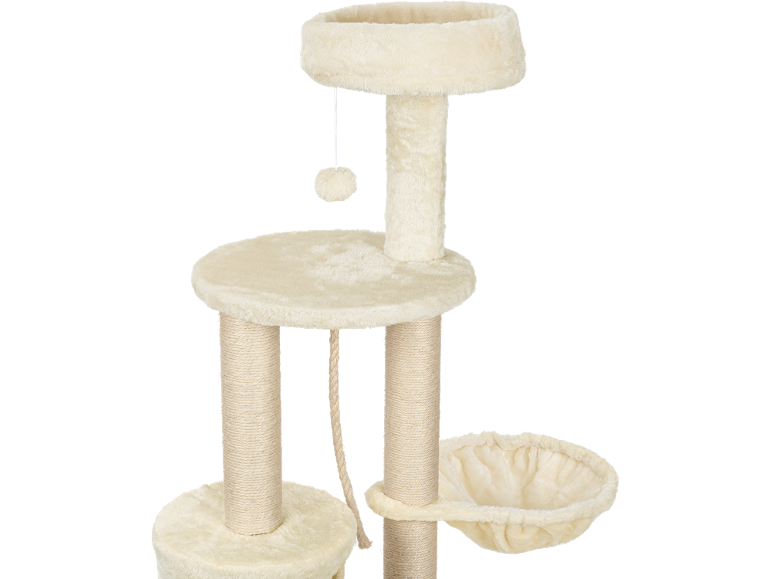 Beige klösträd för katter med flera nivåer, klösstolpe och en mysig korg.