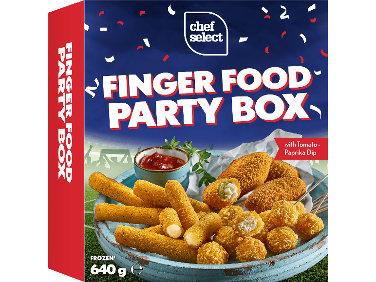 Fryst fingerfood partybox med mozzarellasticks, jalapeno poppers och kycklingbitar.