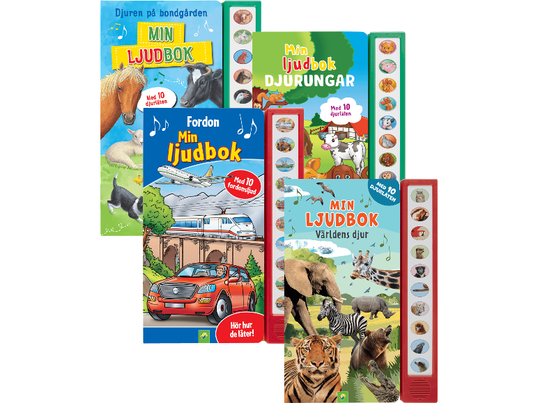 Fyra ljudböcker för barn, med bondgårdsdjur, djurungar, fordon och världens djur.