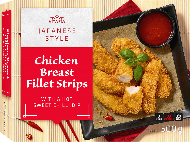 Kycklingbröstfiléstrimlor i japansk stil med söt chilisås, 500g.