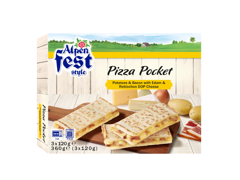Förpackning med pizzapocket med potatis, bacon, Edam och Reblochonost.