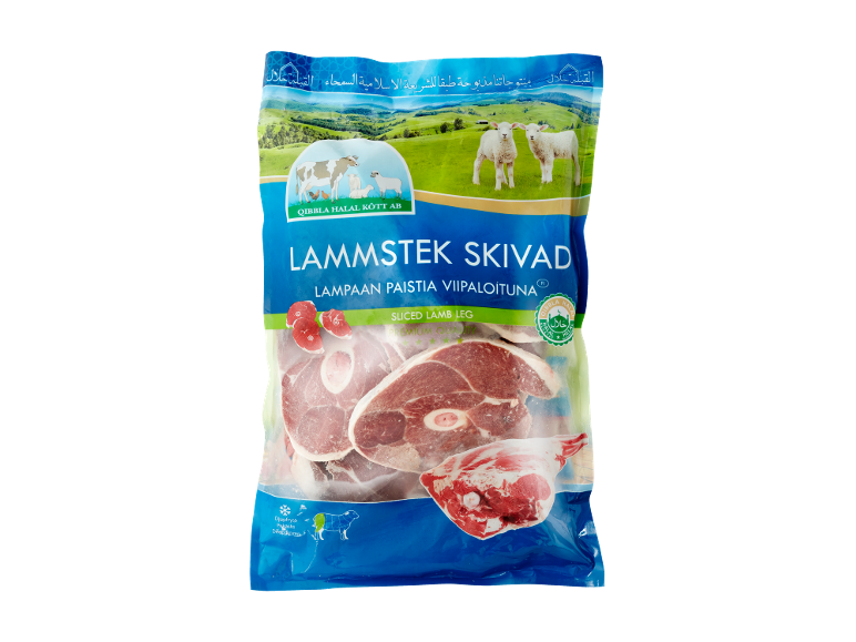 Djupfryst skivad lammstek i förpackning.