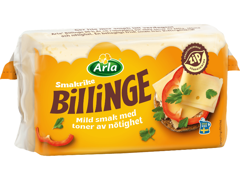 Ost i förpackning med texten 'Smakrike Billinge', mild smak med toner av nötighet.
